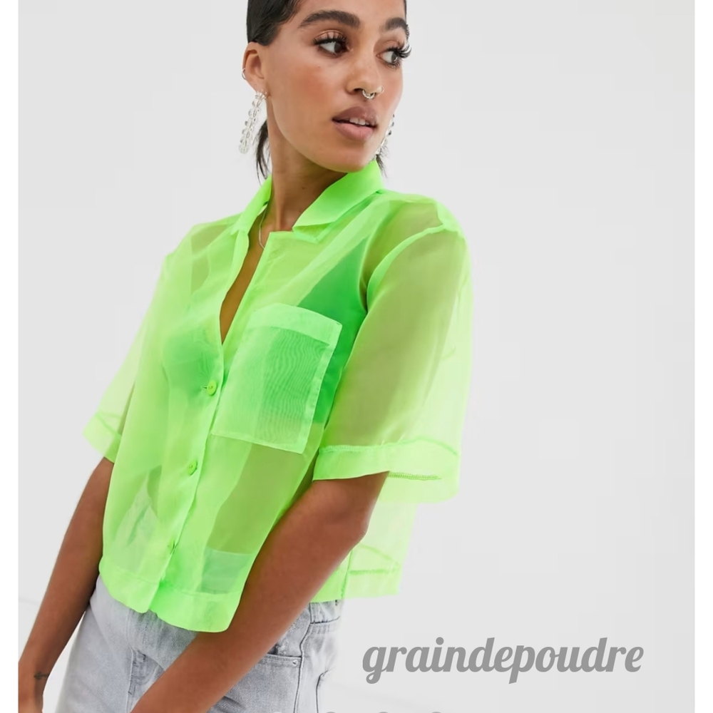 Rare! ASOS Reclaimed Vintage Neon Green Organza Sheer Cropped Blouse UK 10 US 6
